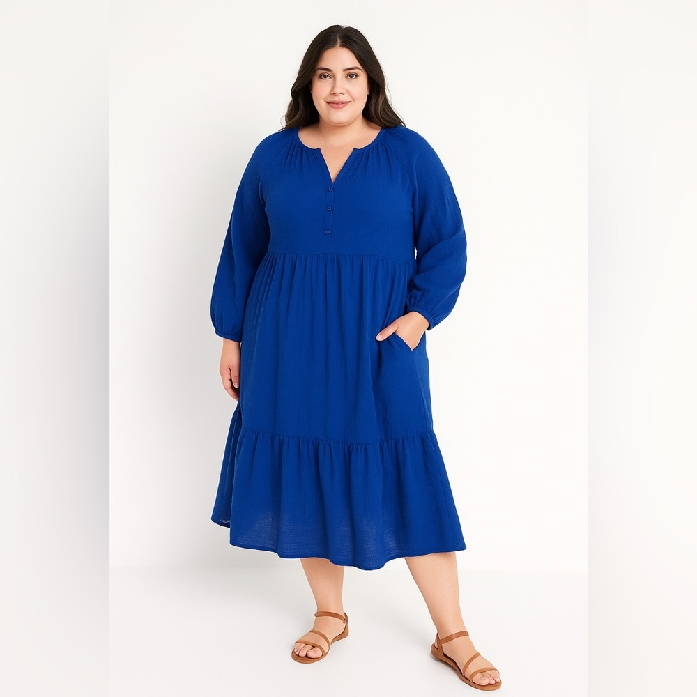 NWT Old Navy seersucker all day tiered midi dress size 4X long sleeve peasant